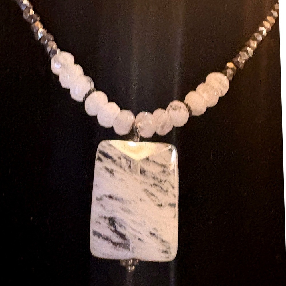 Zebra Jasper Stone‎ Pendant Beaded Necklace Silver Tone Adjustable 18 Inch Boho